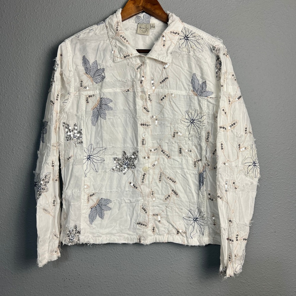 Focus Embellished Sequin Sparkle Textured Floral Embroidered Button Up White‎ XL